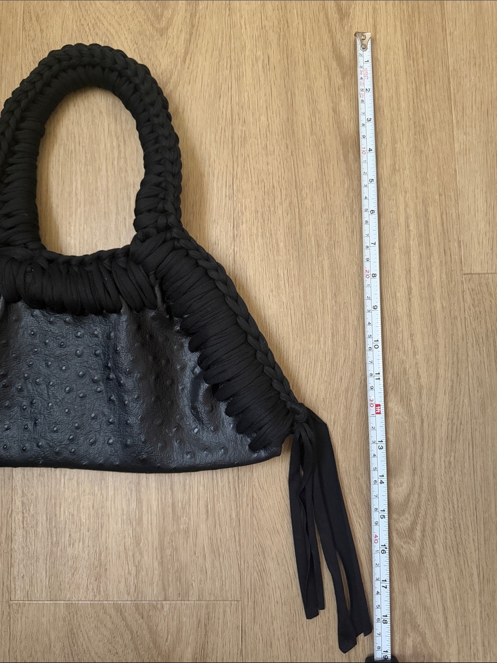 Inedito French Handmade Black Mini Faux Ostrich Textured Bag with Fringe - Picture 3 of 6